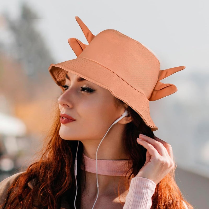 QANQIUPLE Cow Print Bucket Hat with Cute Horn Ears Cow Print Summer Beach Sun Hat Fisherman's Cow Bucket Hat - Image 5